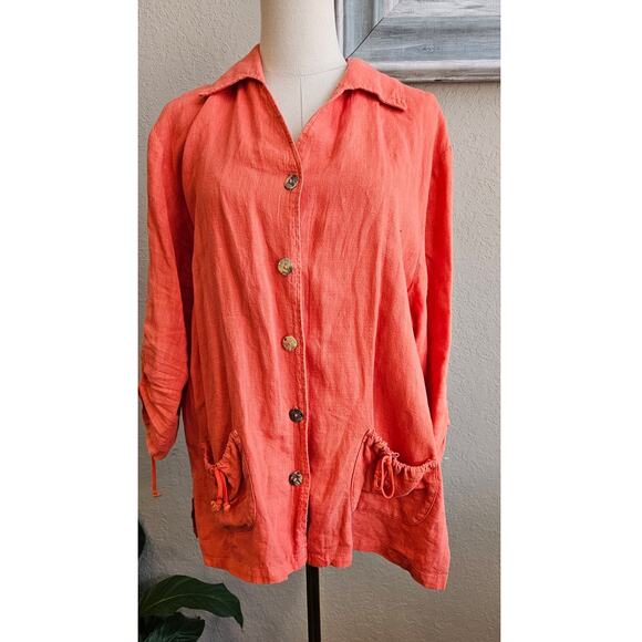 Donna Jackets & Blazers - VTG Donna Women's 100% Linen Relaxed Fit Button Front Jacket Size L Muted Orange